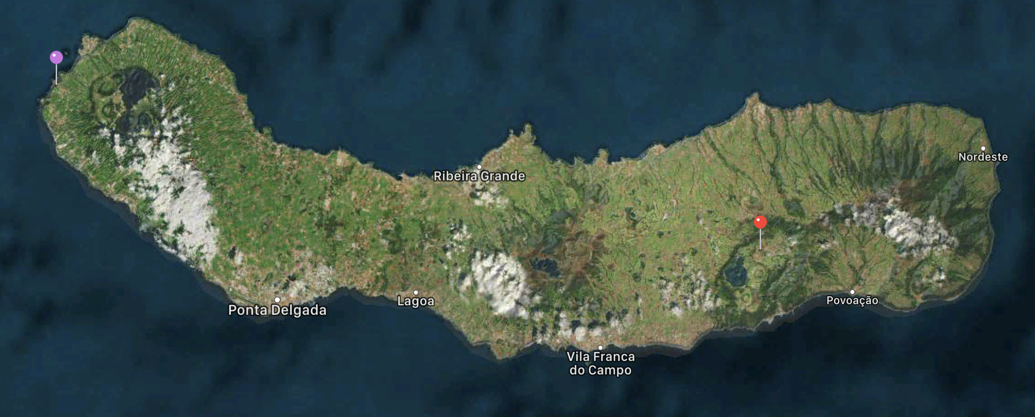 On the day we drove the furthest, we drove from the red pin to the purple, and back.