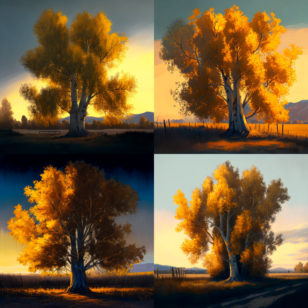 "A painting of single poplar tree in fall with leaves falling, lit just before golden hour, that evokes feelings of nostalgia and warmth."