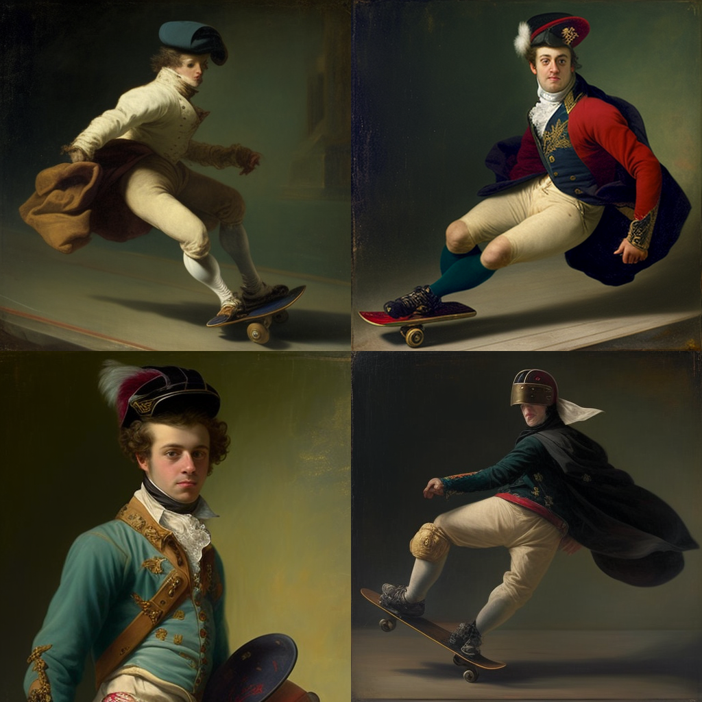An oil painting of a regency skateboarder