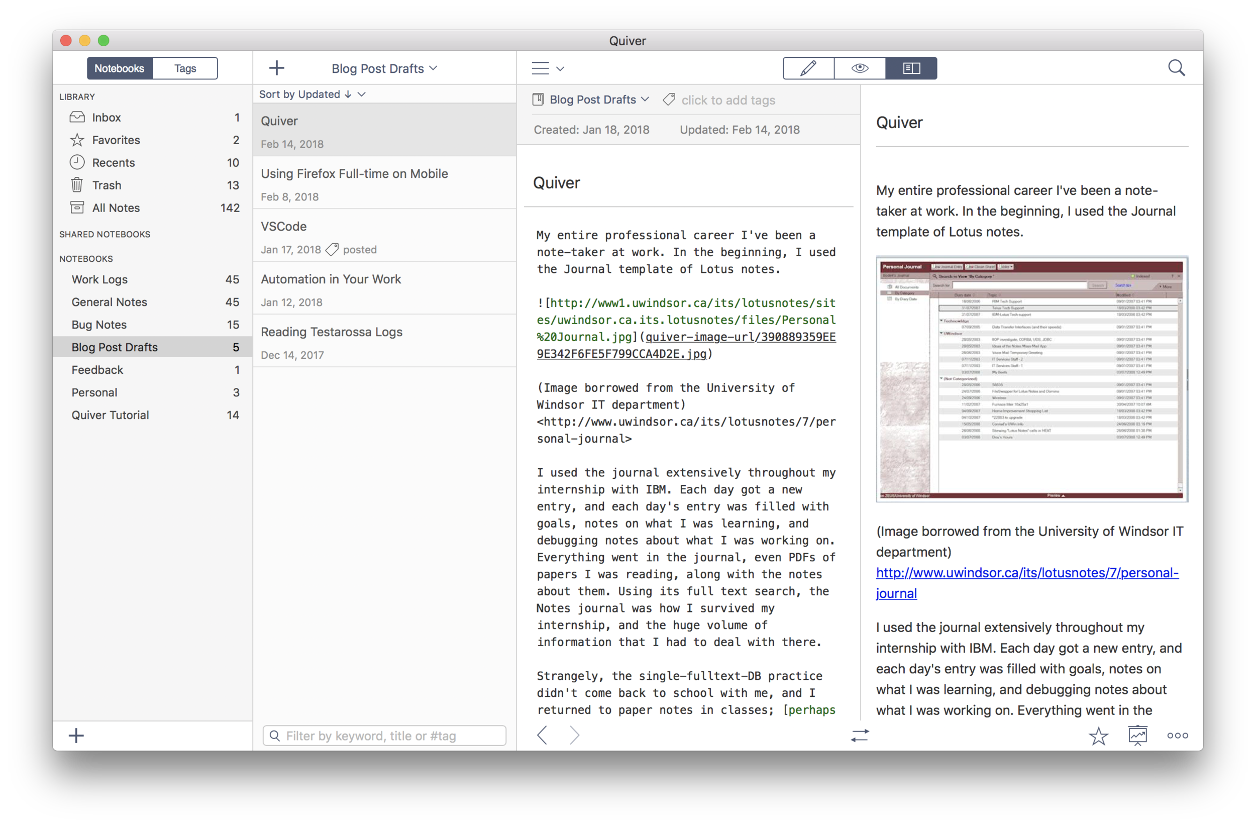 Quiver in action. In this view, the Markdown sources are being rendered previewed in the split pane view.
