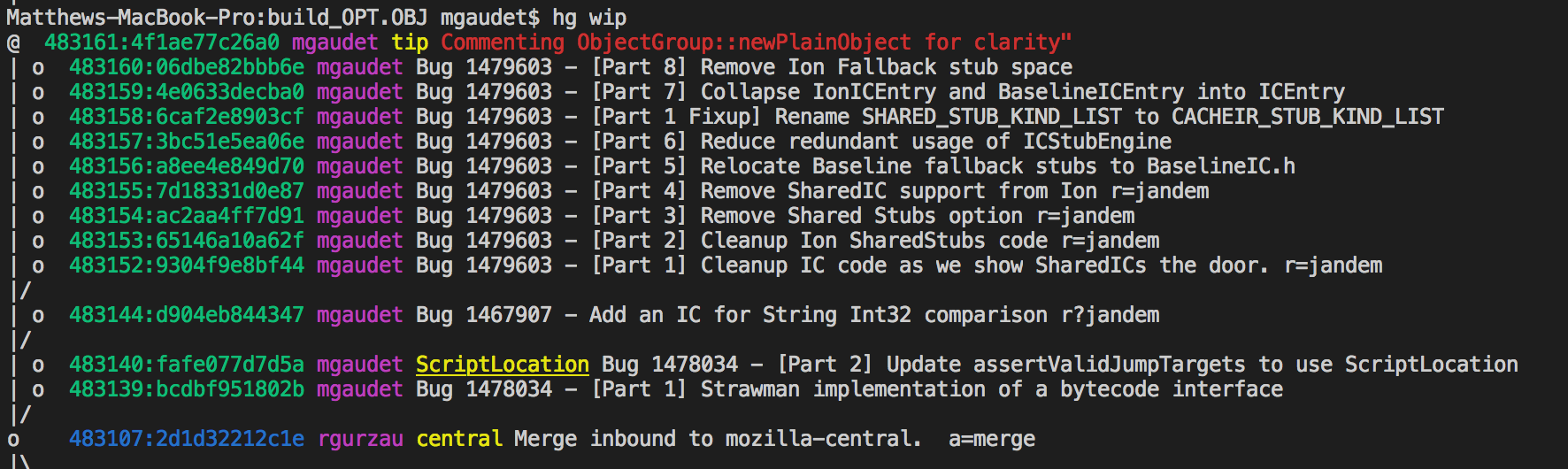 Green Hashes are draft revisions; blue are public. The red text highlights the current working directory parent, and yellow text are bookmark names.